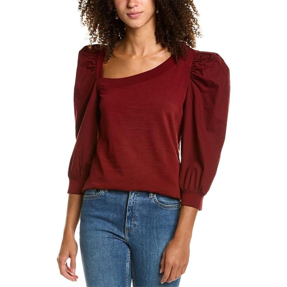 Nation LTD Asymmetrical Notch Neckline 3/4 Puff Sleeve Top Shirt Red Maroon S